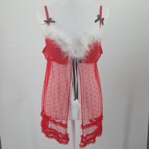 womans Red Sheer Mesh Faux Fur Trim Christmas Babydoll Lingerie Chemise Size XL